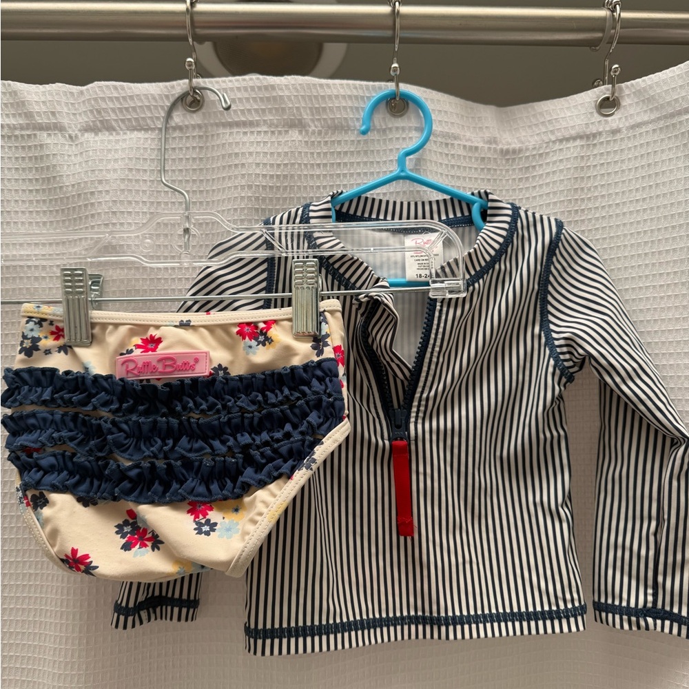 Ruffle Butts Striped Girl’s Swim Set with Floral Accents